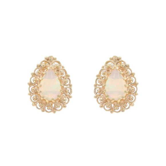 Yellow Gold Opal Large Stud Earrings - 14k Pear Cabochon .68ctw Scallop Pierced